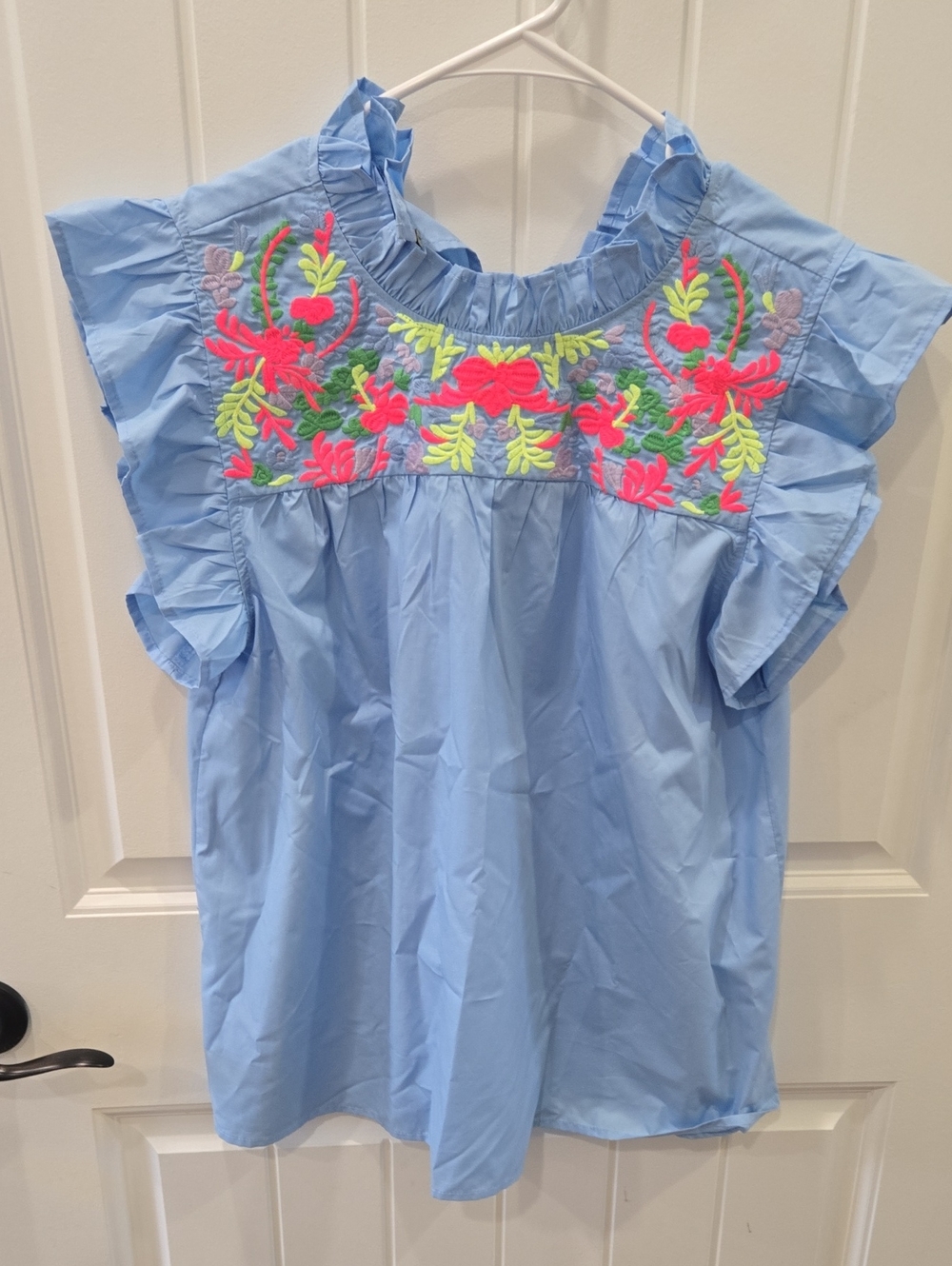 JODIFL Light Blue Ruffled Yoke Embroidered Women's Top